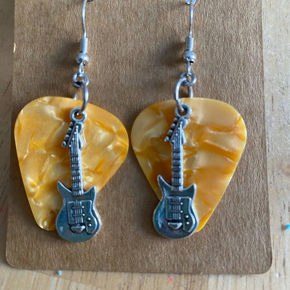 Guitar Pick Earrings with Silver Tone Guitar Charm
